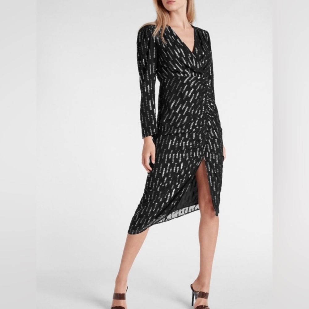 Express Black and Silver Patterned Long Sleeve Dress